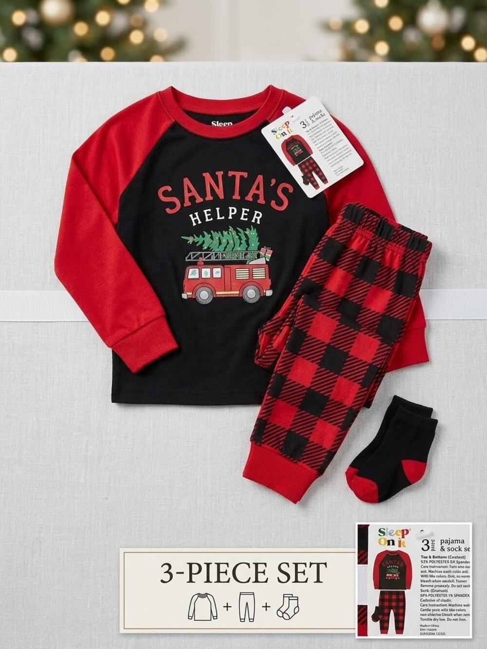 Sleep On It Toddler Boys 3PC Holiday Pajama & Sock Set Santa's Helper Size 4T